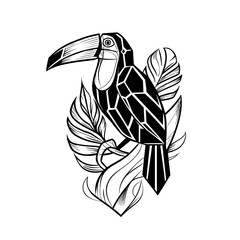 A black and white geometric illustration featuring a stylized bird head, possibly a toucan,