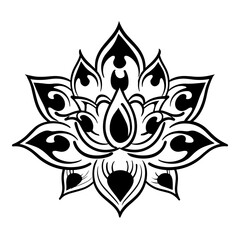 Monochromatic lotus tattoo design with delicate symmetrical line art, intricate patterns, decorative elements,