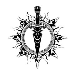 A black and white monochromatic tattoo design featuring a symbolic sword with geometric crossguard,