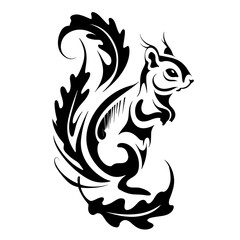 Black and white tribal squirrel vector tattoo design with intricate line art, flowing patterns, and symmetrical details,