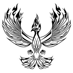 A bold black and white tribal phoenix vector design with intricate symmetrical feathers and flames,