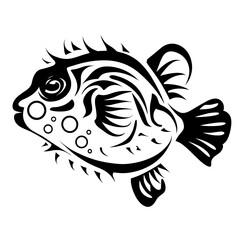 A monochrome black and white tribal fish tattoo design with bold lines and geometric shapes,