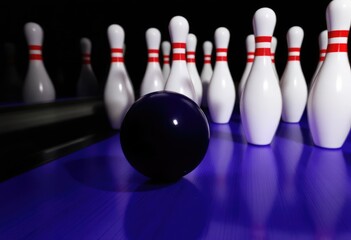 Bowling ball poised before a row of pins on a vibrant blue lane