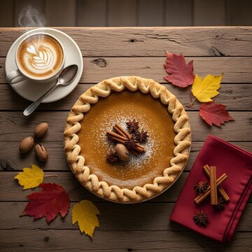 Autumnal Still Life - Pumpkin Pie, Coffee, and Fall Foliage.