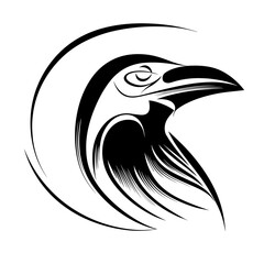 Stylized black raven illustration with intricate linework on white background, detailed eye and feathers,