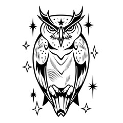 A bold black and white tribal owl tattoo design featuring stars, mystical cartoon outline drawing suitable for body art.