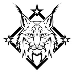 A black and white vector illustration of a stylized fennec fox with bold tribal design elements,