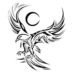 A bold geometric eagle tattoo design with extended wings features intricate tribal patterns,