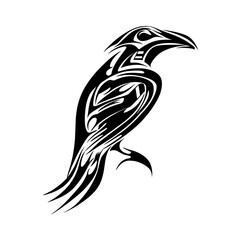 A black and white vector illustration of an intricately designed bird with ornamental tattoo like appearance,