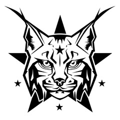A minimalist black and white lynx tattoo design featuring geometric symmetry, bold outlines,