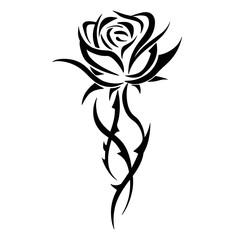 A monochromatic tribal illustration of a rose with thorns, bold symmetrical lines, vintage modern style,