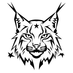 A black and white vector illustration of a lynx head with bold lines, intricate detailing,