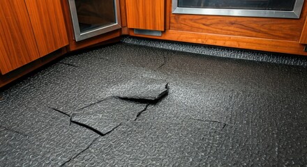 Damaged dark gray flooring in a kitchen corner