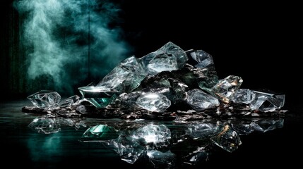 Surreal crystalline terrain with shimmering shards scattered across reflective surface illuminated by cool, ethereal light, highangle view with copy space for creative layouts