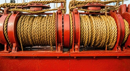 Close-up of antique ship's winches with coiled rope
