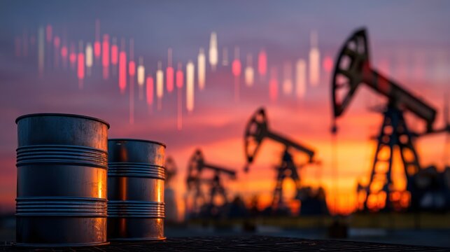 Oil barrels and pumpjacks with financial chart at sunset