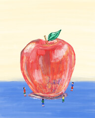 a large apple surrounded by kids looking at marbles inside it. A hand painted editorial illustration art.