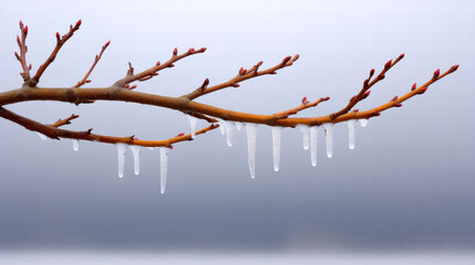 Obraz premium Ice clinging to bare tree branch in winter creates emotional visual scene with icicles hanging against soft background