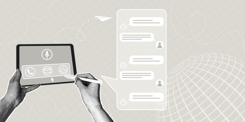 Messaging app interface for a tablet with a stylus. Trendy halftone collage. Concept of communication, information exchange, and chat.