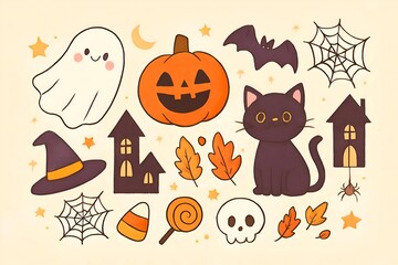 Cute Halloween Cartoon Elements Collection Featuring Spooky and Festive Illustrations