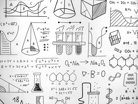 The whiteboard contains various mathematical formulas, scientific diagrams and equations hand-drawn with black marker. Education concept