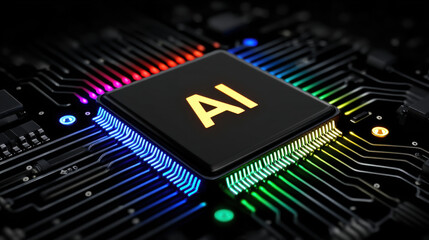 Holographic ai quantum chip on board with glowing circuit lines and futuristic technology concept in vibrant colors