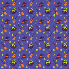 Flat seamless Halloween vector illustration pattern with a purplish-blue background.Spooky and cute pattern witch hats,cauldrons,skulls, and candles.For backgrounds,wrapping paper,or printed fabric.