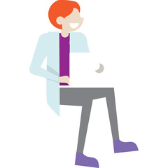 Flat design illustration of a person with red hair wearing a light blue jacket and purple shirt sitting with a laptop on their lap and a smiling expression on a transparent background