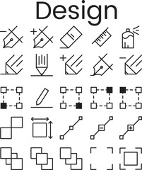 A comprehensive set of black and white line icons representing various tools for digital graphic design and vector illustration.
