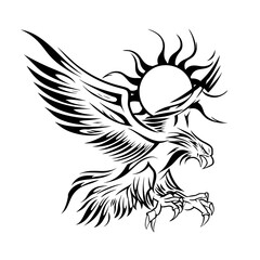 A bold monochrome tattoo design featuring an eagle with outstretched wings soaring below a stylized sun,