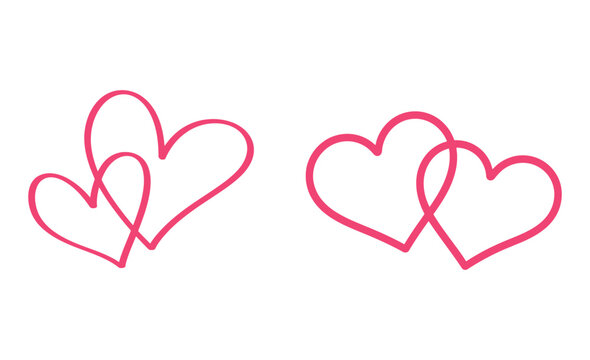 Two pairs of hand drawn pink hearts intertwined and overlapping on a white background