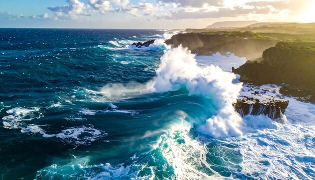 Aerial perspective of ocean waves crashing against rocky coastline under a radiant sunset