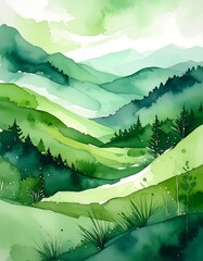 Watercolor painting of layered green mountains and a lush, verdant valley scene
