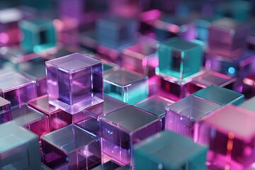 Obraz premium Abstract futuristic background with glowing cubes in vibrant purple, pink, and teal colors representing digital technology and modern design elements