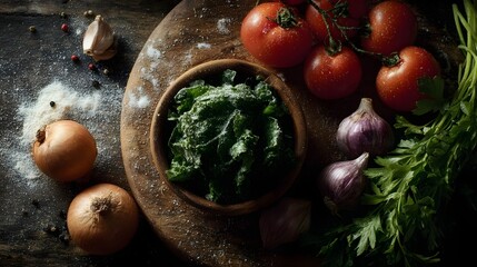 Overhead view of fresh tomatoes onions garlic and greens arranged for culinary prepa n on a rustic wooden board