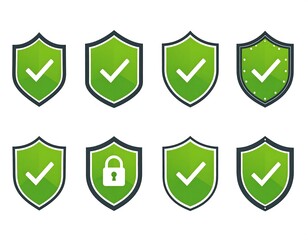 Obraz premium Green shields of various designs with check marks and a padlock symbol, illustrating security