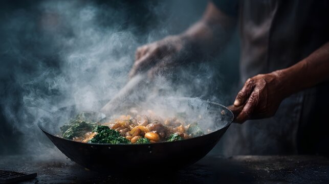 Hands of a chef skillfully stir frying vibrant ingredients in a steaming wok creating a delicious meal