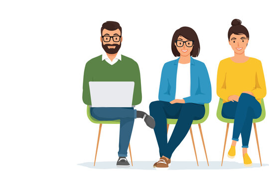 Three diverse cartoon individuals two women and one man with a laptop seated on chairs