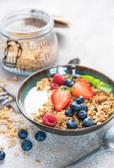 Healthy breakfast granola bowl with fresh berries