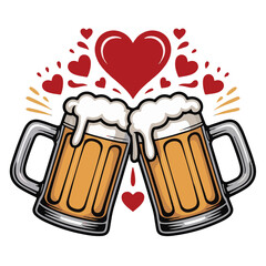 Romantic Beer Toast Vector: Clinking Mugs with Hearts for Love & Celebration Themes