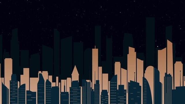 Night City skyline silhouette parallax zoom against starry night