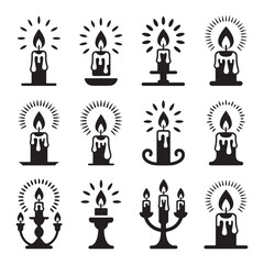 Candle Icon Vector Set: 12 Stylized Black & White Designs for Symbolic & Decorative Use