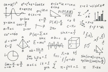 Abstract mathematical formulas and scientific equations hand-drawn in black ink on white background, symbolizing science and education concepts.