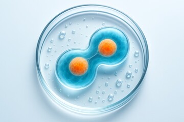 Obraz premium Abstract biological cell division with two orange nuclei inside a petri dish on light background, scientific and creative concept illustration. Ai generative