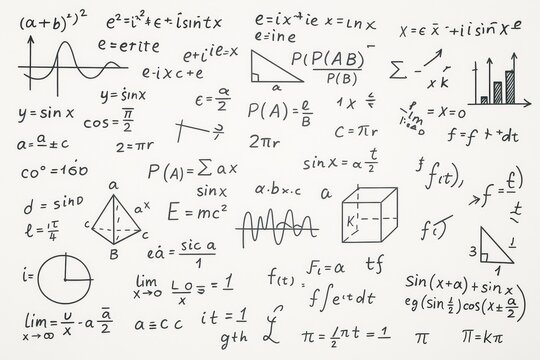 Abstract mathematical formulas and scientific equations hand-drawn in black ink on white background, symbolizing science and education concepts.