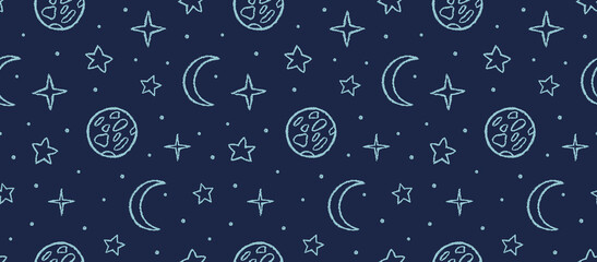 Seamless pattern with crayon doodle moon and stars. Abstract night sky background with cute hand drawn celestial elements. Magic night seamless pattern with chalk texture, vector illustration