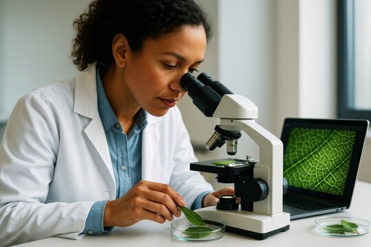 Female scientist examining green leaf under microscope in modern lab while laptop shows leaf structure close-up on screen in natural light background. Ai generative