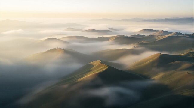A vibrant mountain landscape reveals a glorious sunrise over the clouds and fog in the valley