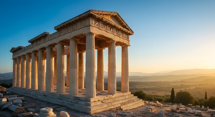 Naklejka premium Ancient Greek temple ruins at sunrise, bathed in golden light, overlooking rolling hills