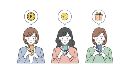 スマートフォンを操作するオシャレな若い女性3人のシンプルなベクターイラストセット